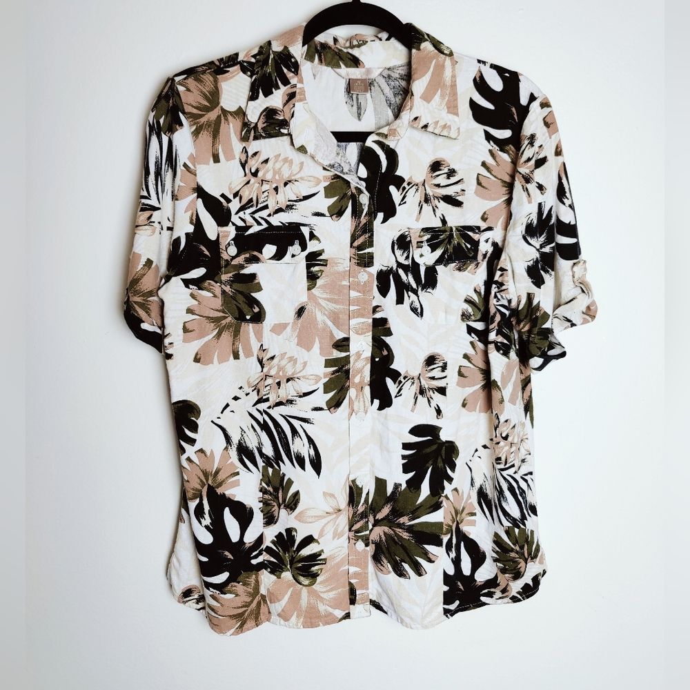 White Stag Women's Linen Blend Tropical Hawaiian Floral Button Down Shirt, Sz M
